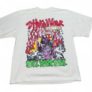 Shaka War Records white graphic tee with purple and red print #skaterstyle